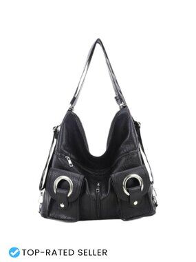 Hobo Purses for Women Black Leather Y2K Slouchy Shoulder Bag Backpack Handbag